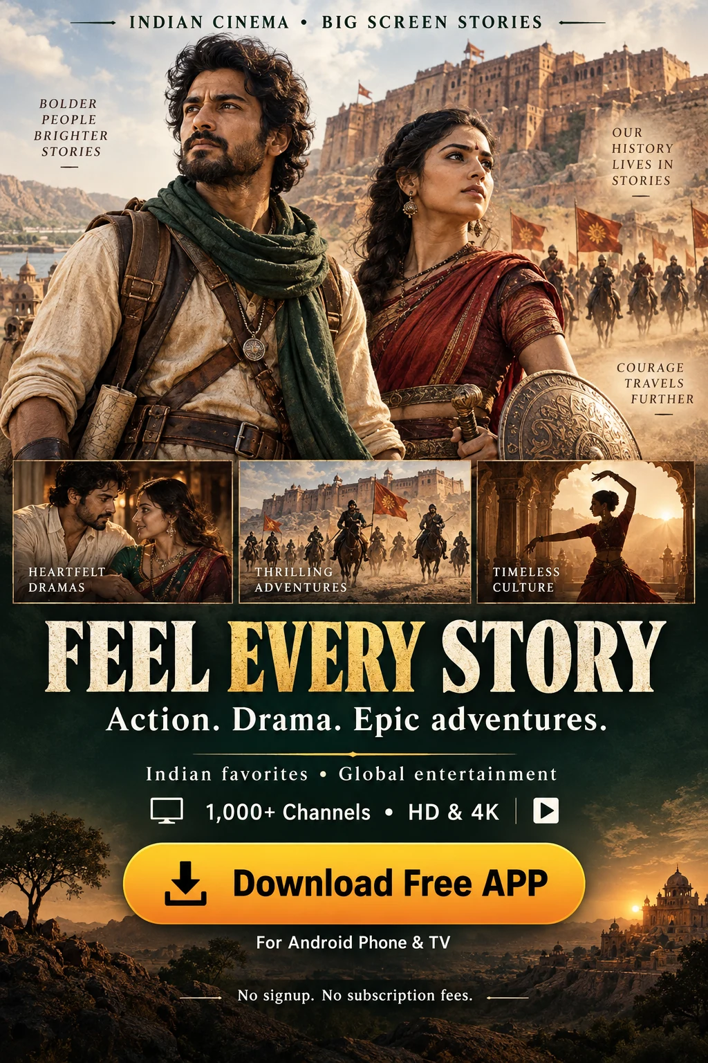 Indian cinema promotional poster with Download Free APP button for Android phone and TV