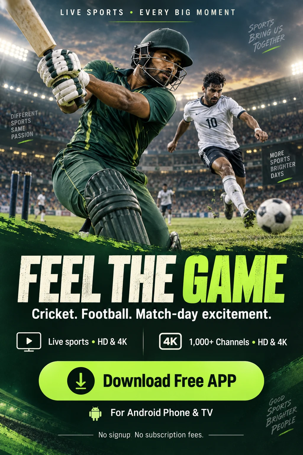 Live sports promotional poster with Download Free APP button for Android phone and TV